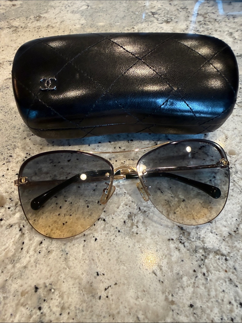 Chanel Gold Aviator Sunglasses with Gradient grey Brown Lenses. EUC
